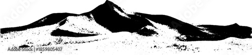 Minimalist black and white stencil illustration of faint shifting dunes in a desert landscape