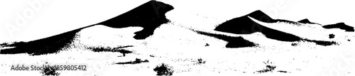 Black and white stencil art of shifting desert dunes with textured silhouette