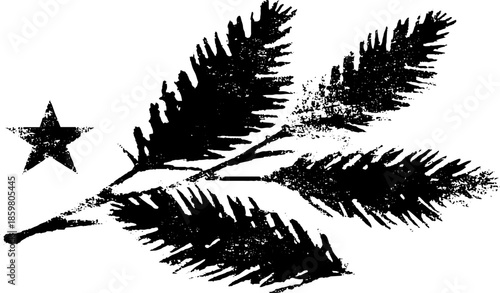 Black and white stencil illustration of fallen evergreen branch with star for nature-themed design
