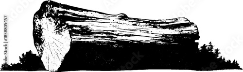Black and white stencil illustration of fallen log texture for nature and art design