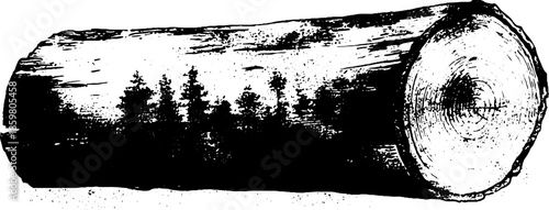 Black and white stencil illustration of fallen log with textured trees
