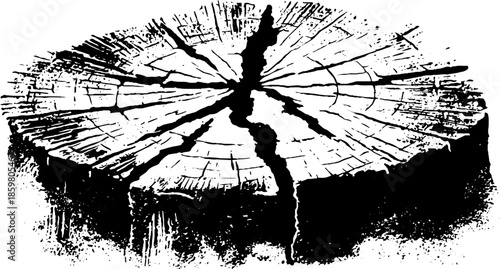 Rustic black and white stump stencil illustration with textured tree rings for nature-inspired designs