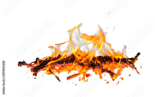 Burning wood fire with vibrant orange and yellow flames creating a dynamic and intense visual effect with glowing embers and sparks.