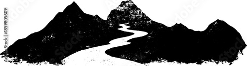 Black and white stencil illustration of flowing mountain river scene