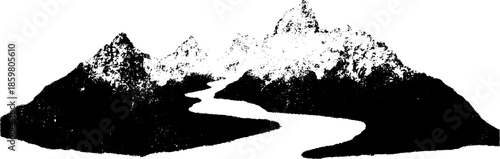 Black and white stencil illustration of flowing mountain river scenery for artistic design