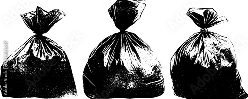 Grungy black and white stencil illustration of folded craft paper bags