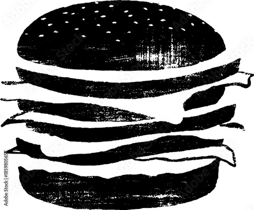Black and white stencil illustration of a premium folded burger for urban art design
