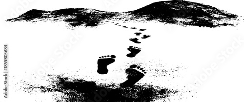 Black and white stencil illustration of footsteps leading into distant hills