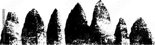 Monochrome stencil illustration of frost hewn riverbank landscape