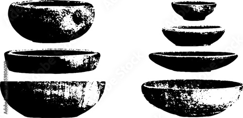 Black and white stencil of handmade clay bowls for artistic design