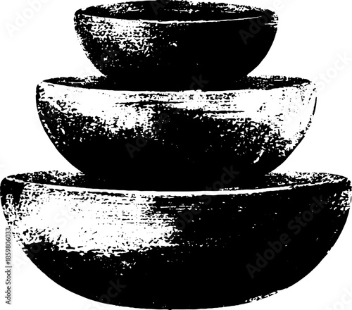 Black and white stencil illustration of stack of handmade pottery bowls for art and design