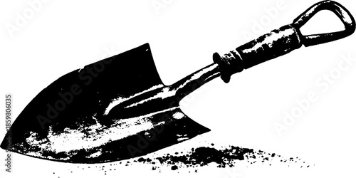 Black and white stencil illustration of a gardening shovel art design
