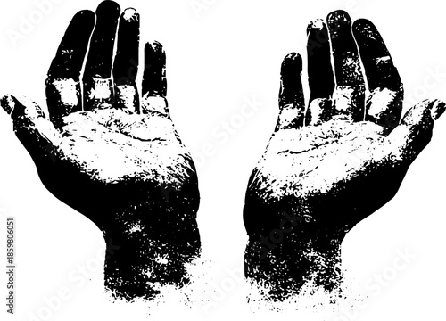 Black and white stencil illustration of hands meeting in a gesture of connection and unity