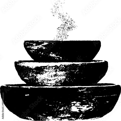 Black and white stencil illustration of handmade pottery bowls with textured details