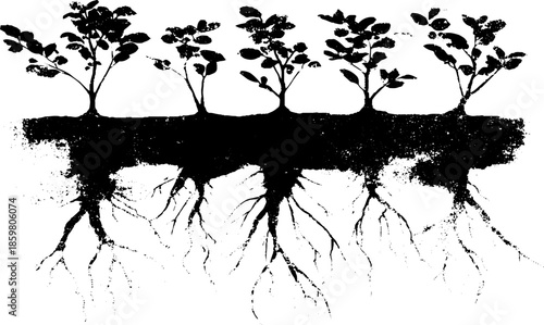 Black and white stencil illustration of plants with hanging roots