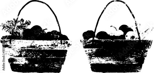Black and white stencil of handwoven market baskets with vegetables and fruits for rustic design