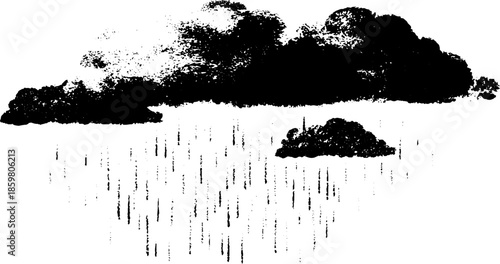 Black and white stencil of heavy rain clouds with falling rain - artistic design for posters