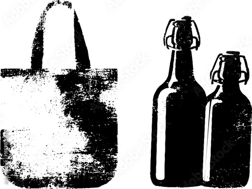 Urban grunge black and white stencil illustration of tote bag and beverage bottles