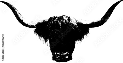 Black and white silhouette of highland cow with long horns for rustic design