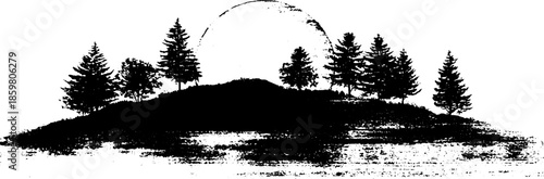 Black and white stencil of foggy hillside with trees