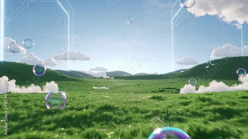 Frutiger aero Y2K futuristic revival of a green grass and bubbles utopian landscape