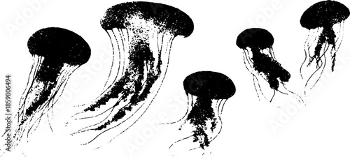Dynamic black and white stencil illustration of jellyfish silhouettes