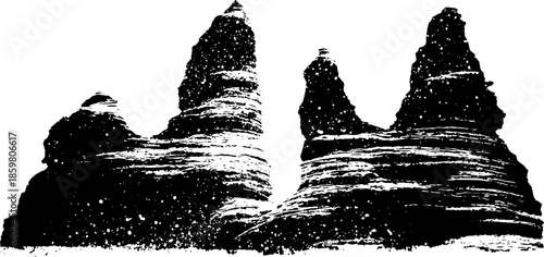 Monochrome stencil illustration of layered limestone formations for geology and nature art
