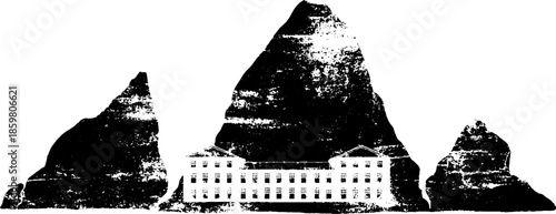 Grunge stencil illustration of layered ice shards with building silhouette