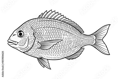 Sea bream fish in line art style in black and white