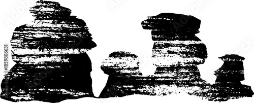 Black and white stencil illustration of layered limestone formations for geology and earth science concepts