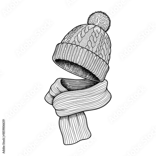 Winter Hat and Scarf Set in Line Art Style in Black and White