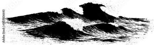 Black and white stencil illustration of layered ocean waves for design and print