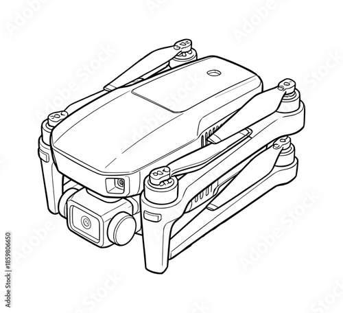 Folded drone with camera in line art style in black and white