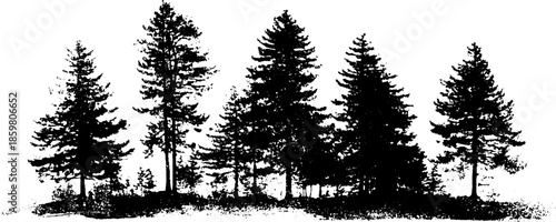 Black and white stencil of layered pine forest silhouette for nature designs