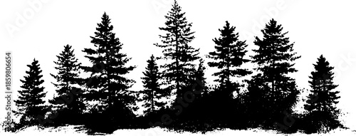 Black and white stencil illustration of layered pine forest silhouettes for nature artwork