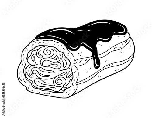 A cross-section of an eclair cake in black and white line art