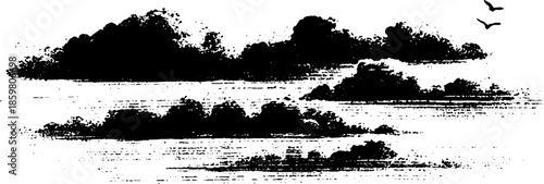 Black and white stencil illustration of a stormy sky with dramatic clouds and birds