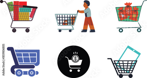 Shopping Cart Illustrations Set Grocery Gift Online Mobile Purchase Icons
