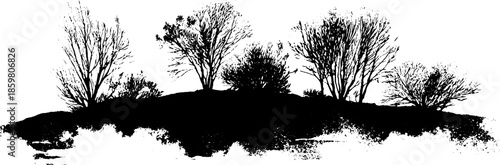 Black and white stencil of trees and low fog in a grunge landscape