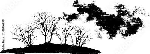 Black and white stencil of trees with swirling fog, perfect for urban art design
