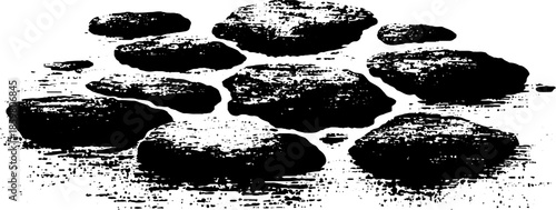 Black and white stencil illustration of rocks revealed at low tide