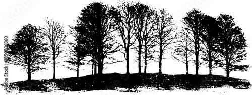 Black and white stencil art of woodland tree silhouettes in low horizon scene