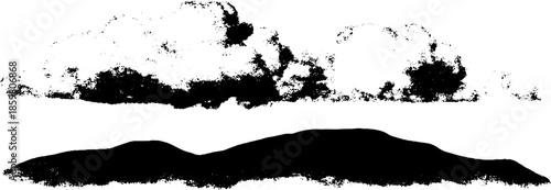 Black and white stencil art of massive cloud layers with textured detail