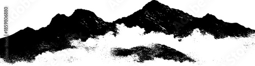 Black and white stencil illustration of majestic mountain and cloud layers for design use