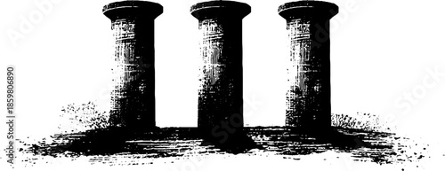 Black and white stencil illustration of three concrete pillars