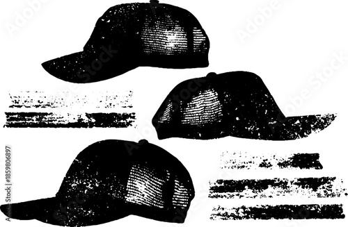 Black and white stencil illustration of mesh baseball caps for urban design
