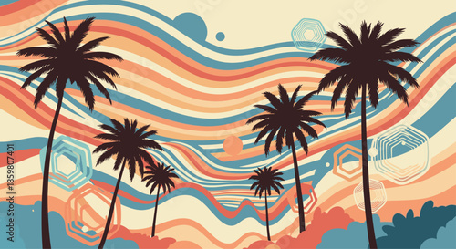 Retro-style tropical landscape with palm tree silhouettes against a groovy background of colorful, wavy lines and geometric hexagons.