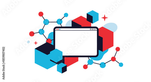Blank browser window mockup presented on a modern and abstract background with colorful cubes and molecular or network structures.