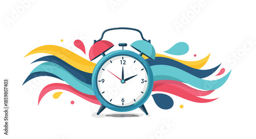 Classic twin bell alarm clock set against a background of colorful, flowing abstract waves, symbolizing the passage of time.