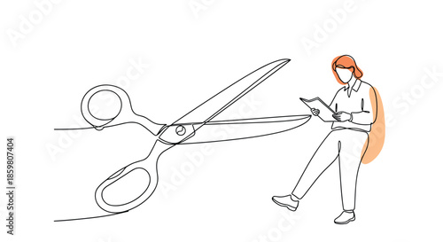 Conceptual one-line drawing of a woman reading a book while sitting next to a giant pair of scissors, symbolizing editing.